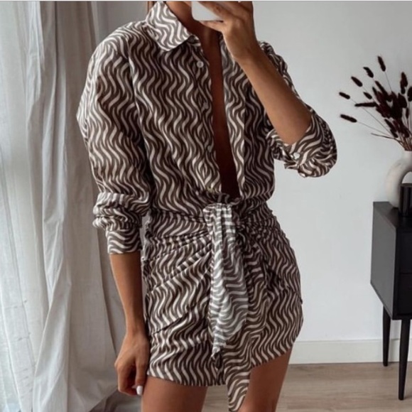 Zara Brown Safari Print Cotton Button Down Tie Wrap Knot Mini Dress Size Medium - Picture 1 of 13